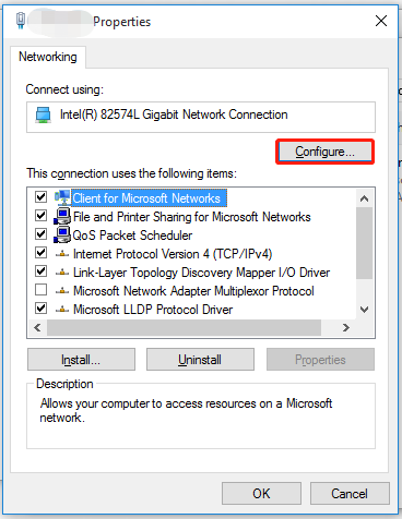 click on Configure button in the network properties window