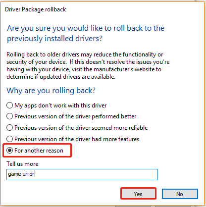 select a reason for rolling back up driver
