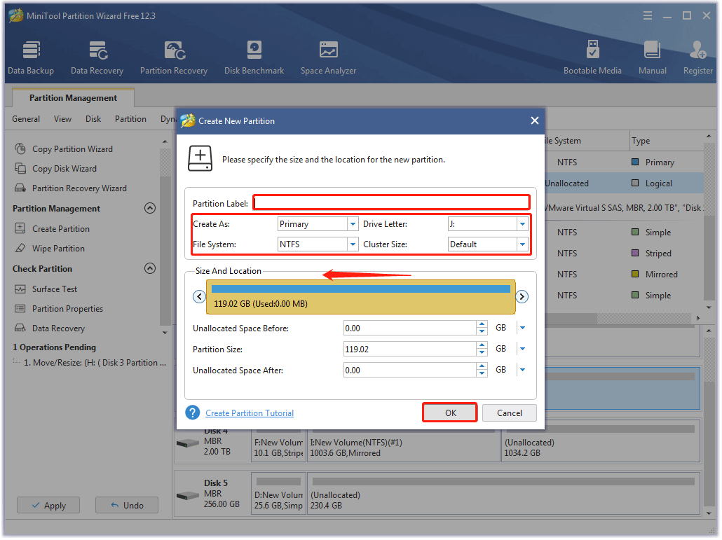 specify the details of the new partition