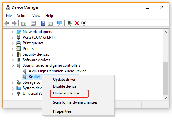uninstall Realtek audio device driver