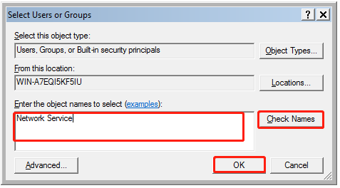 type Network Service in the Select Users or Groups window