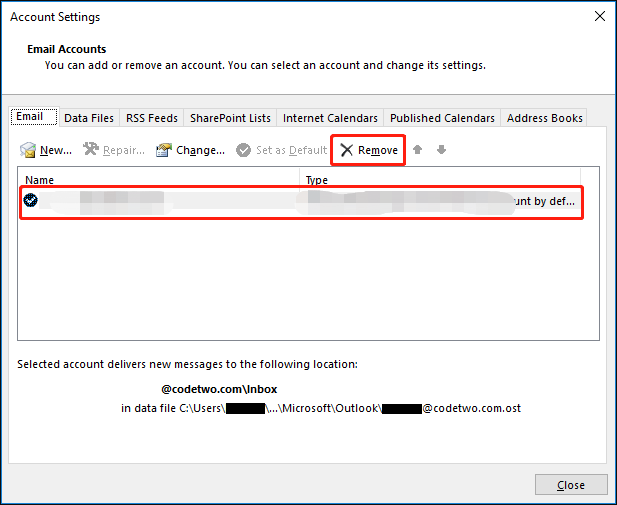 remove an email account in Outlook