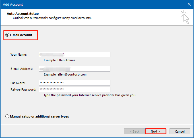auto account setup in Outlook