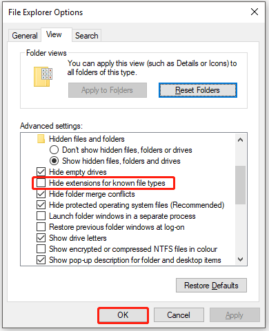 uncheck Hide extensions for known file types