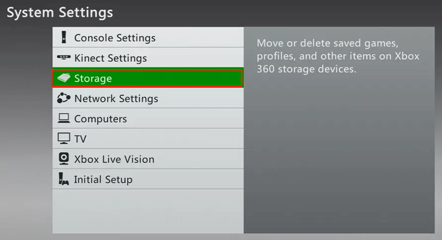 select Storage on Xbox 360