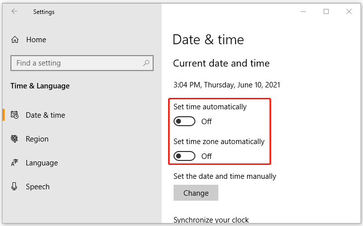toggle off the switch of Set time automatically