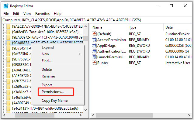 right click the AB702511C276 key and select permissions
