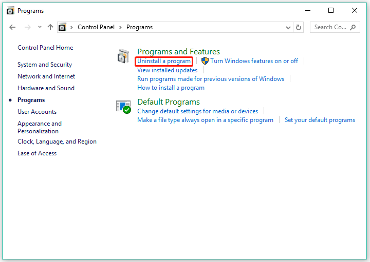 click the Uninstall a program feature