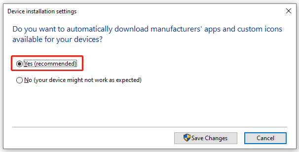 the Device installation settings