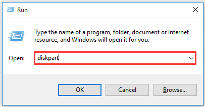 open diskpart command prompt via the Run box