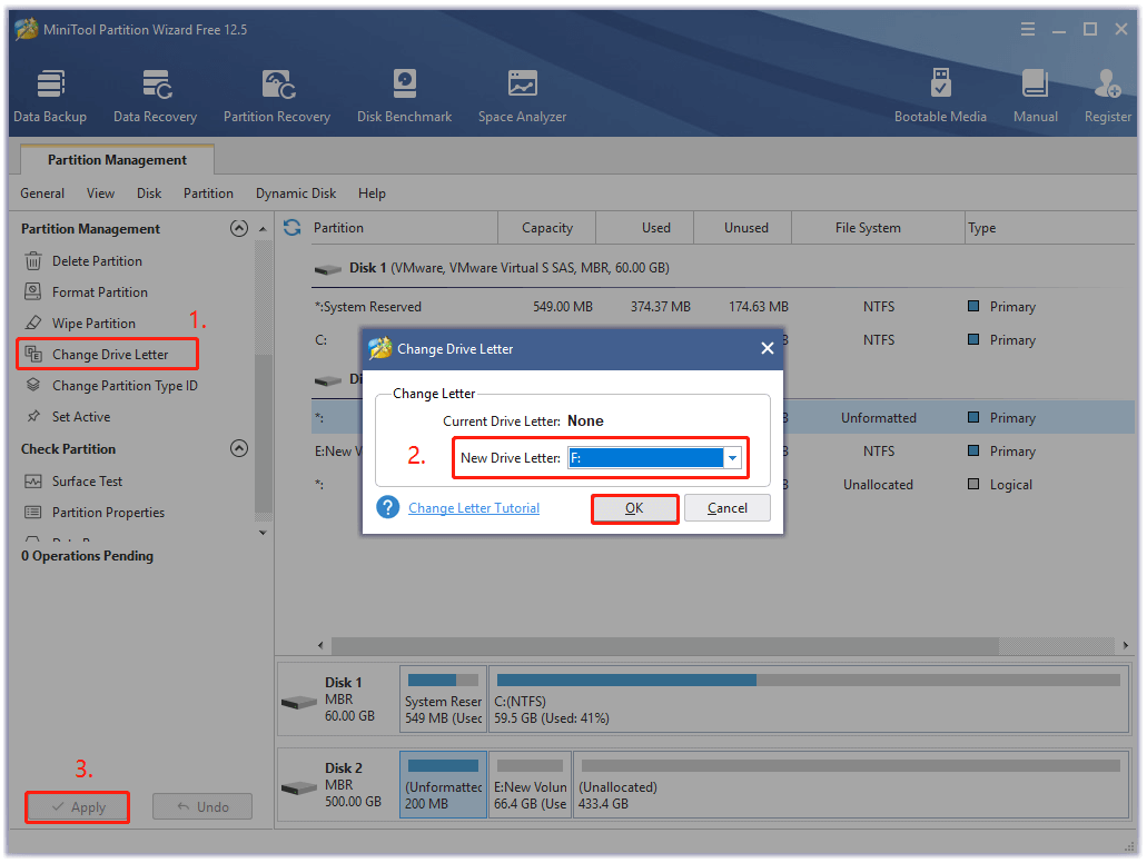 change drive letter using MiniTool Partition Wizard