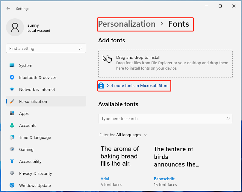 click the Get more fonts in Microsoft Store link