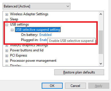 disable USB selective suspend setting