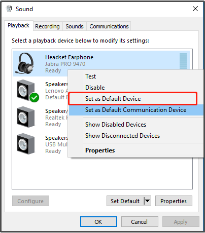 Select Set as Default device