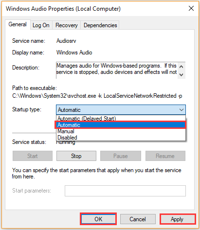 change the Windows Audio service to Automatic