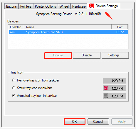 enable touchpad in Device Settings