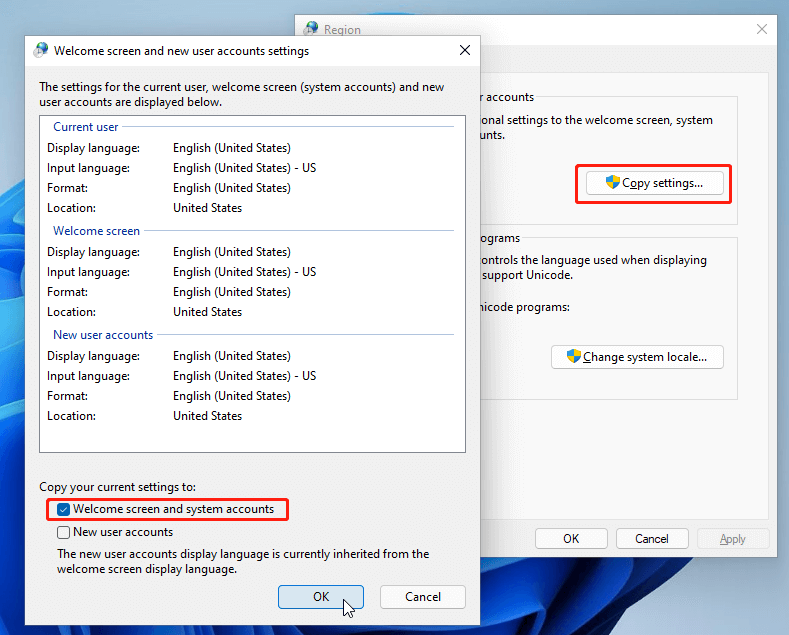 copy settings to welcome screen