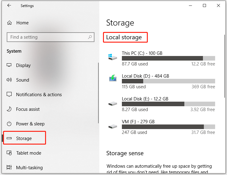 check storage space on the computer