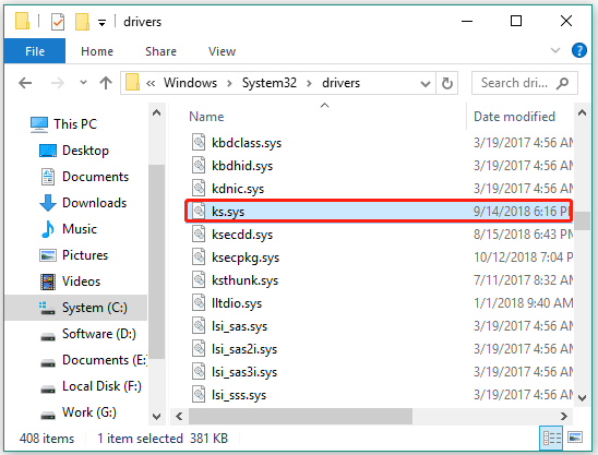 the ks.sys file on Windows 10