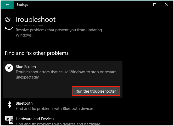 run the Blue Screen Troubleshooter