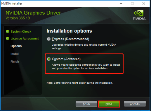 select Installation options NVIDIA