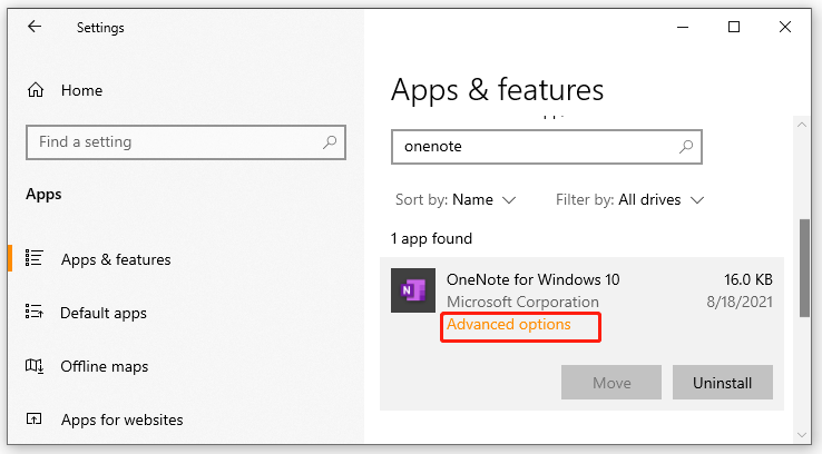 click on Advanced options for OneNote