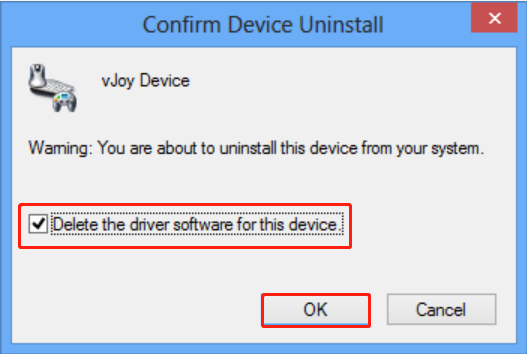 Delete the Driver Software for This Device in VJoy