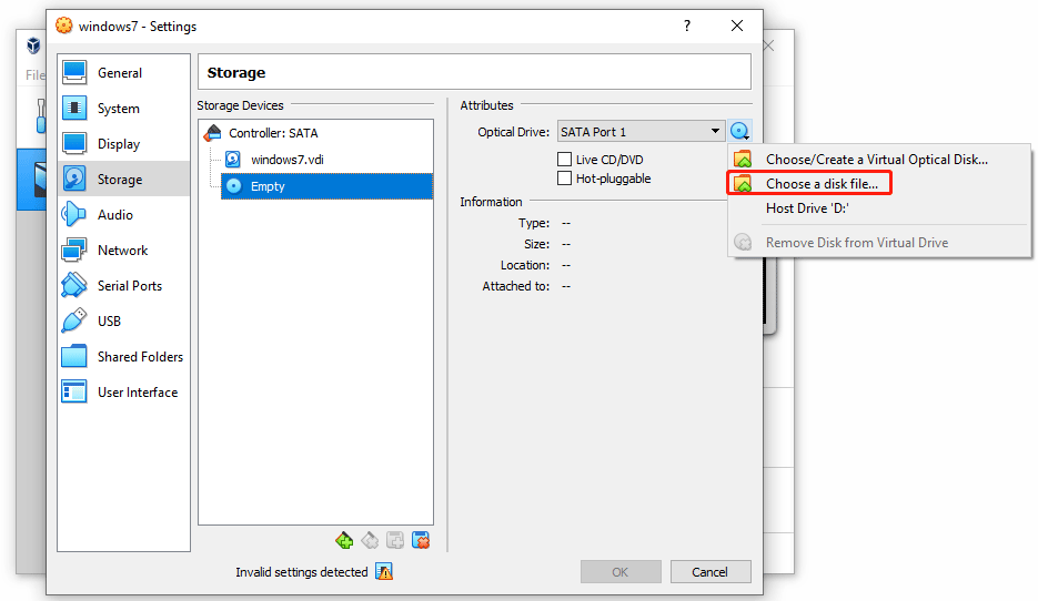 VirtualBox choose a disk file