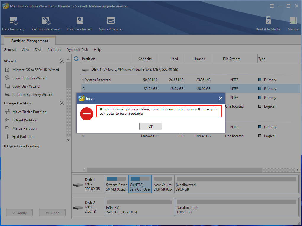 an error while converting a system partition from NTFS to FAT