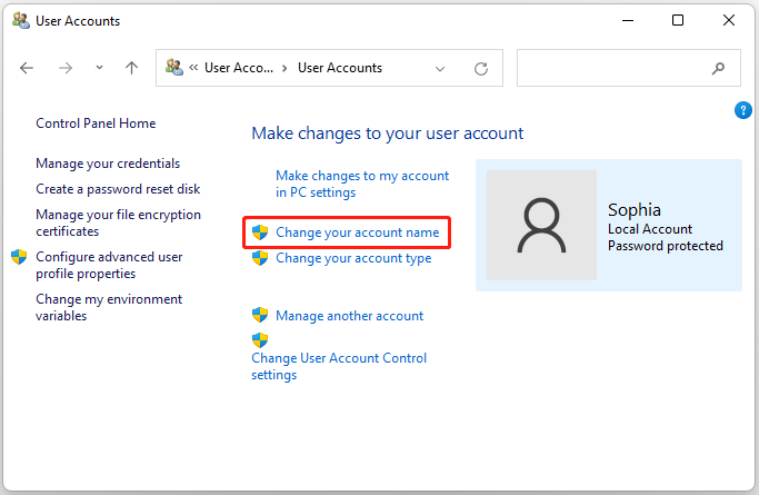 click Change your account name