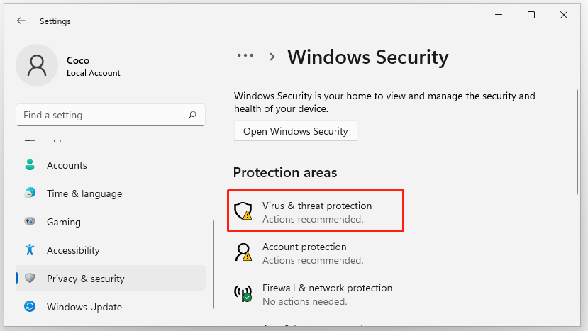 click Virus and threat protection Windows 11