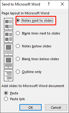 select the Notes to slides option