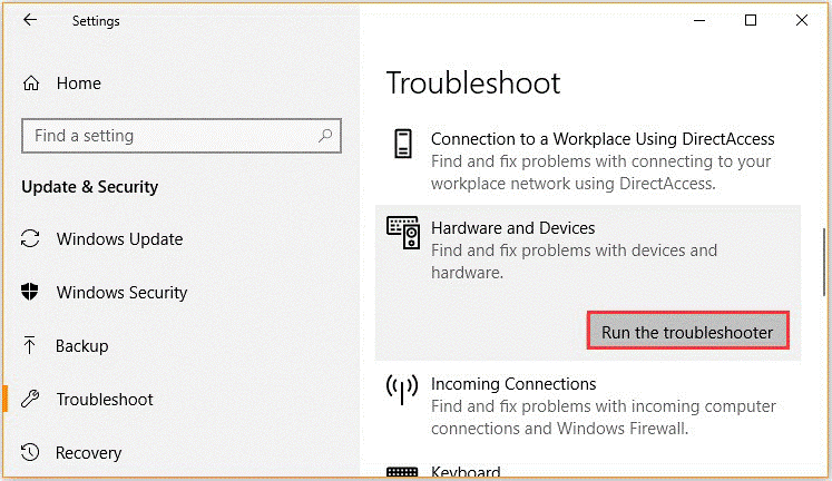 run hardware and devices troubleshooter