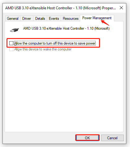 deselect Allow the computer to turn off this device to save power