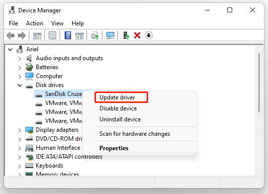 update Disk driver for the USB