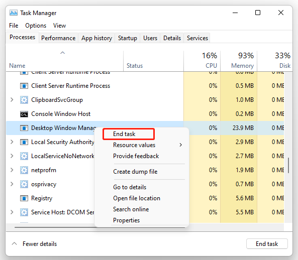end the Desktop Window Manager in Windows 11