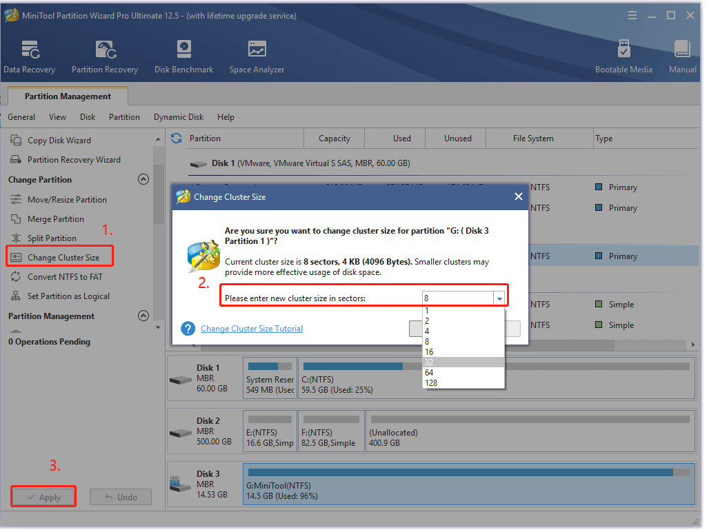 change cluster size using MiniTool Partition Wizard