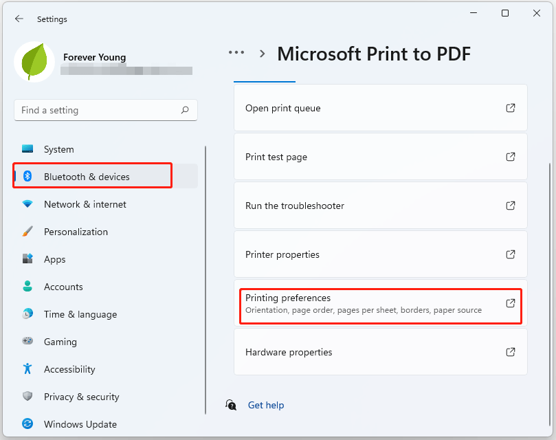 choose the Printing preferences option