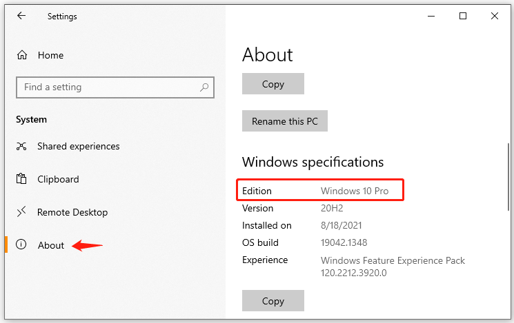 check Windows 10 edition in Settings