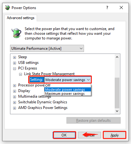 the 3 options under PCI Express Link Power Management