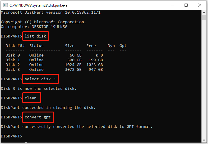 convert MBR to GPT via diskpart
