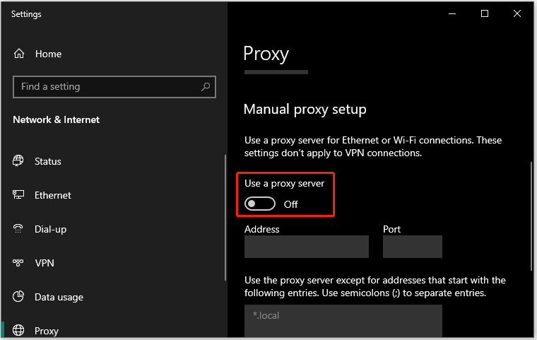 turn off the Use a proxy server option