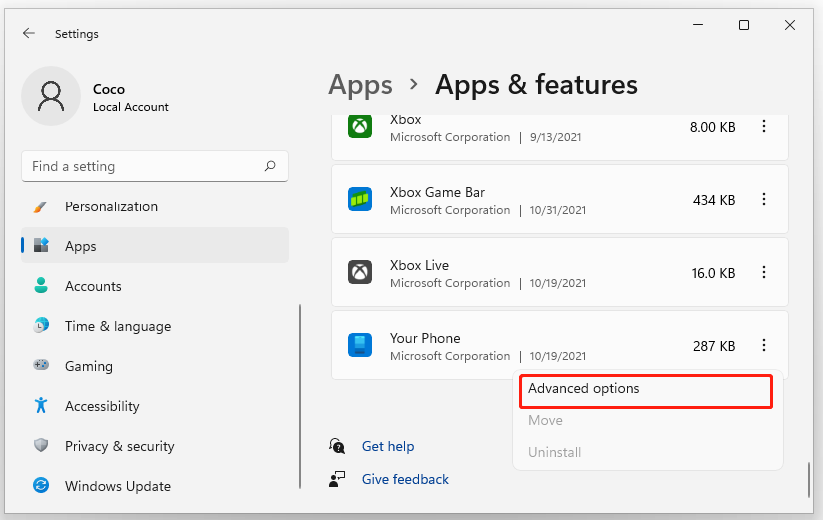 select Advanced options for Your Phone Windows 11