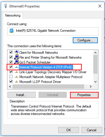 select IPv4 in the network properties window