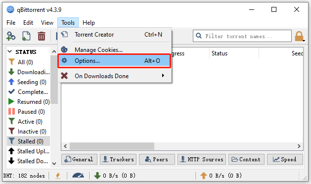 select Tools and Options in qBittorrent