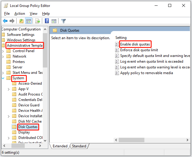 find Enable disk quotas