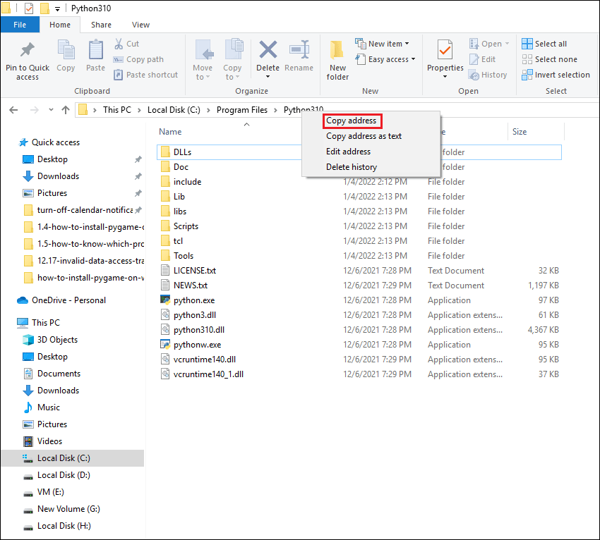copy the Python folder address