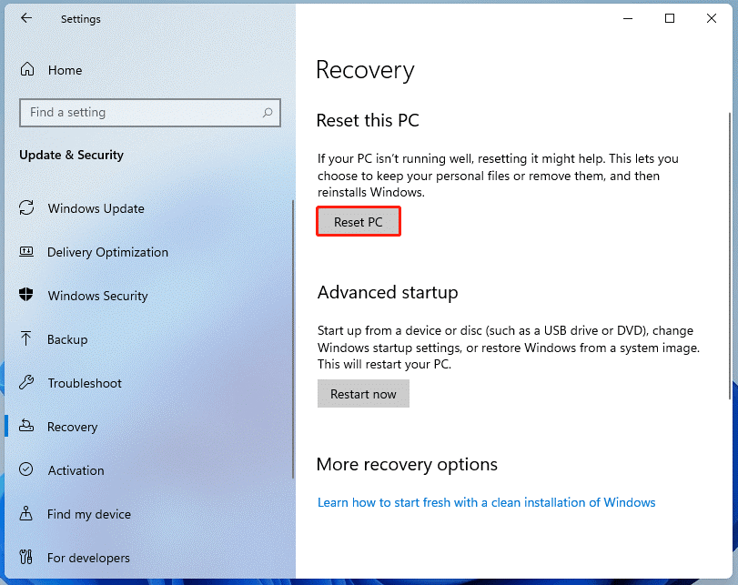 Reset PC Windows 11