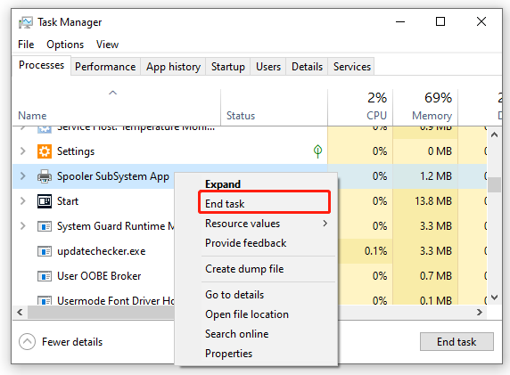 end the Spooler SubSystem App in Task Manager