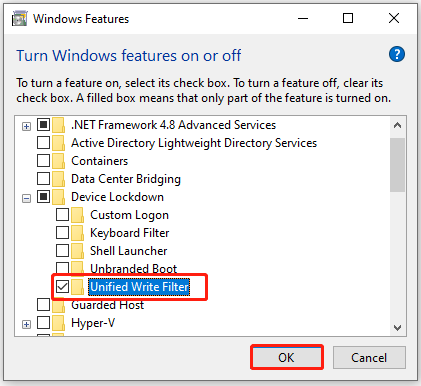 enable Unified Write Filter in Windows Feature